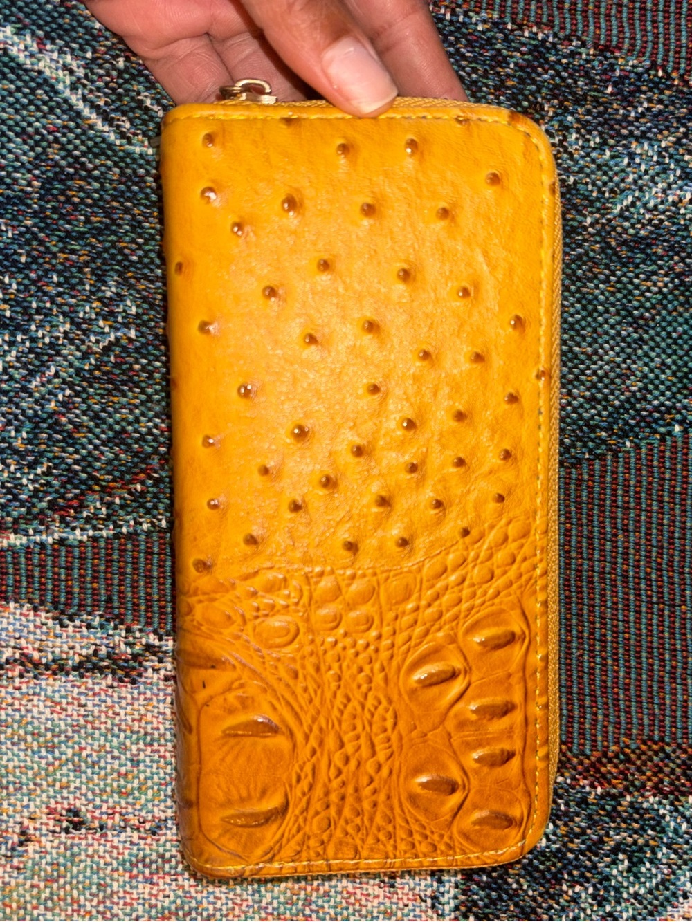Women’s Brown Gold Ostrich-Texture Zip Wallet